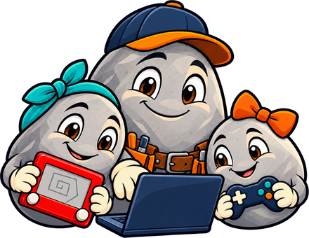 The stone mascot with his two daughters, an Etch A Sketch and a game controller