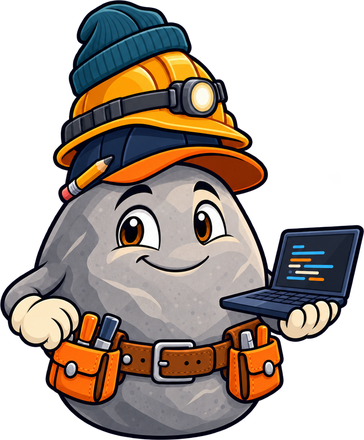 The stone mascot wearing a stack of hats, with a tool belt and a laptop