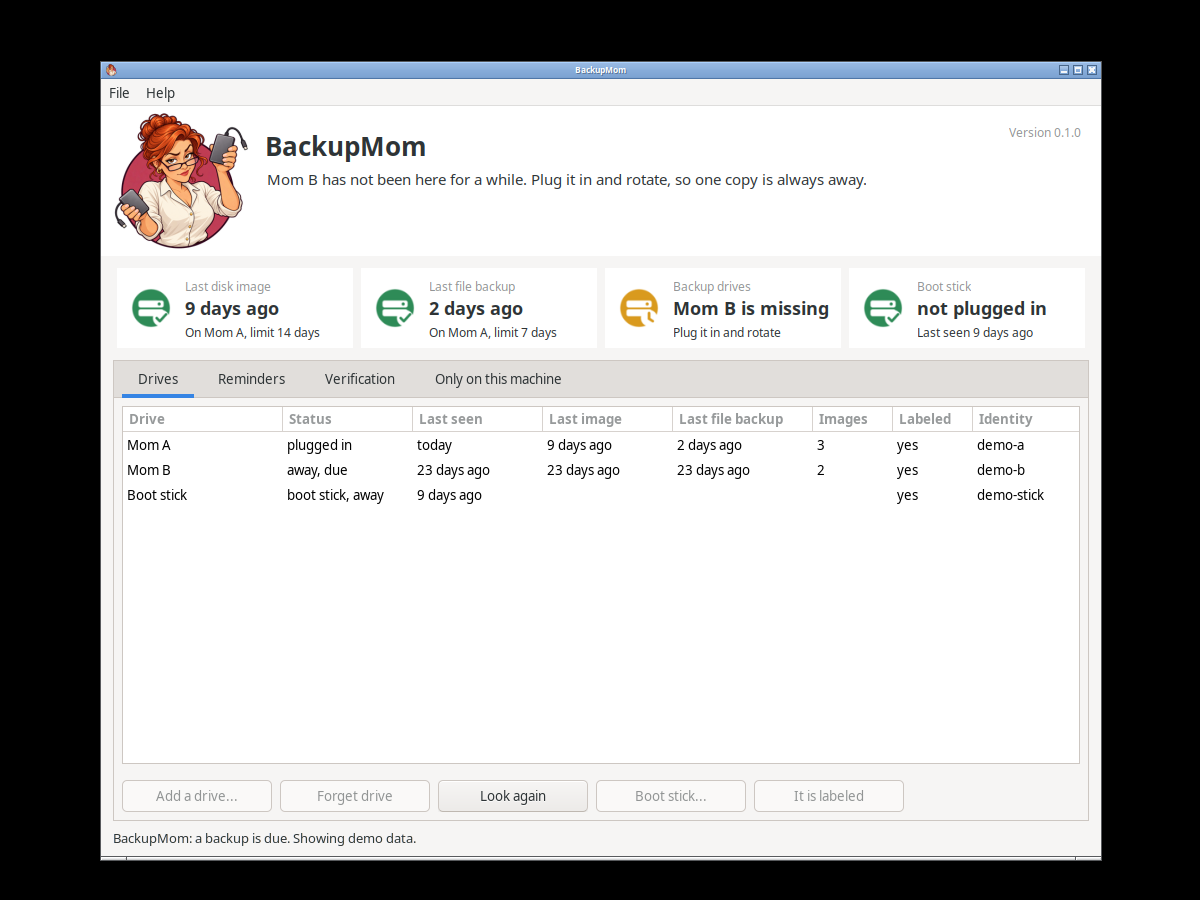 BackupMom's main window with demo data